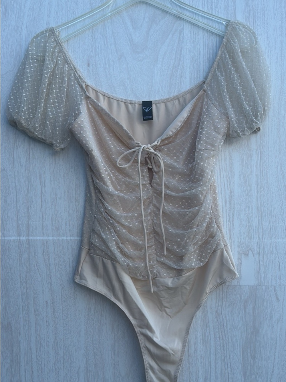 Windsor Beige Sheer Dot Puff-Sleeve Tie-Front Bodysuit